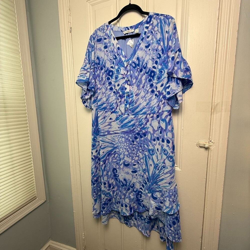 Isaac Mizrahi Live! Crepe Midi Dress Womens 1X Blue Abstract Flutter Sleeve NWOT